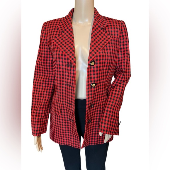 Vintage GIVENCHY Boutiques Blazer Single Breasted Red Black Houndstooth Wool 36 - Picture 4 of 15